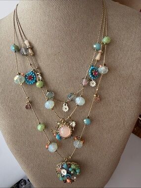 Betsey Johnson Multilayer Floral Pendant Necklace in Mint, Aqua, Blush and Gold